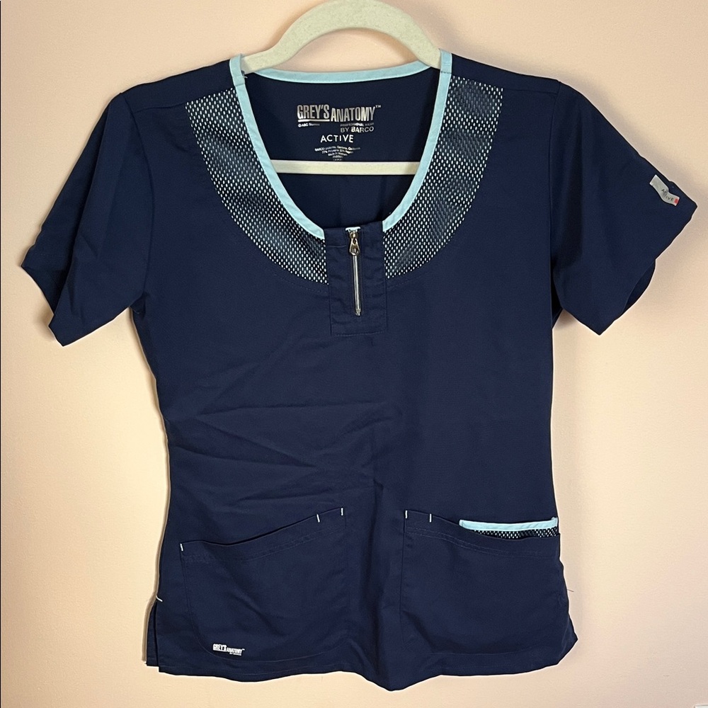 Grey's Anatomy Navy Scrub Top with Light Blue Trim and Front Zip